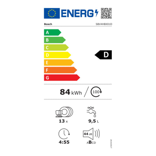 Produktbild vollintegrierbarer Geschirrspüler - Bosch Serie 4 SBV4HBX01D Geschirrspüler (B) vollintegrierbar 60cm 13 Maßgedecke D