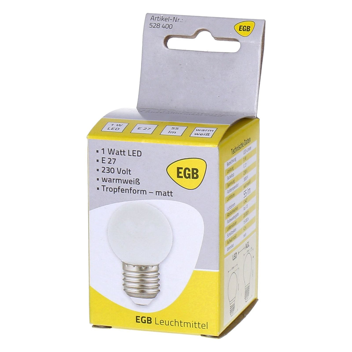 Produktbild LED-Leuchtmittel - EGB E27 Leuchtmittel Tropfenform 1Watt warmweiß matt 55lm