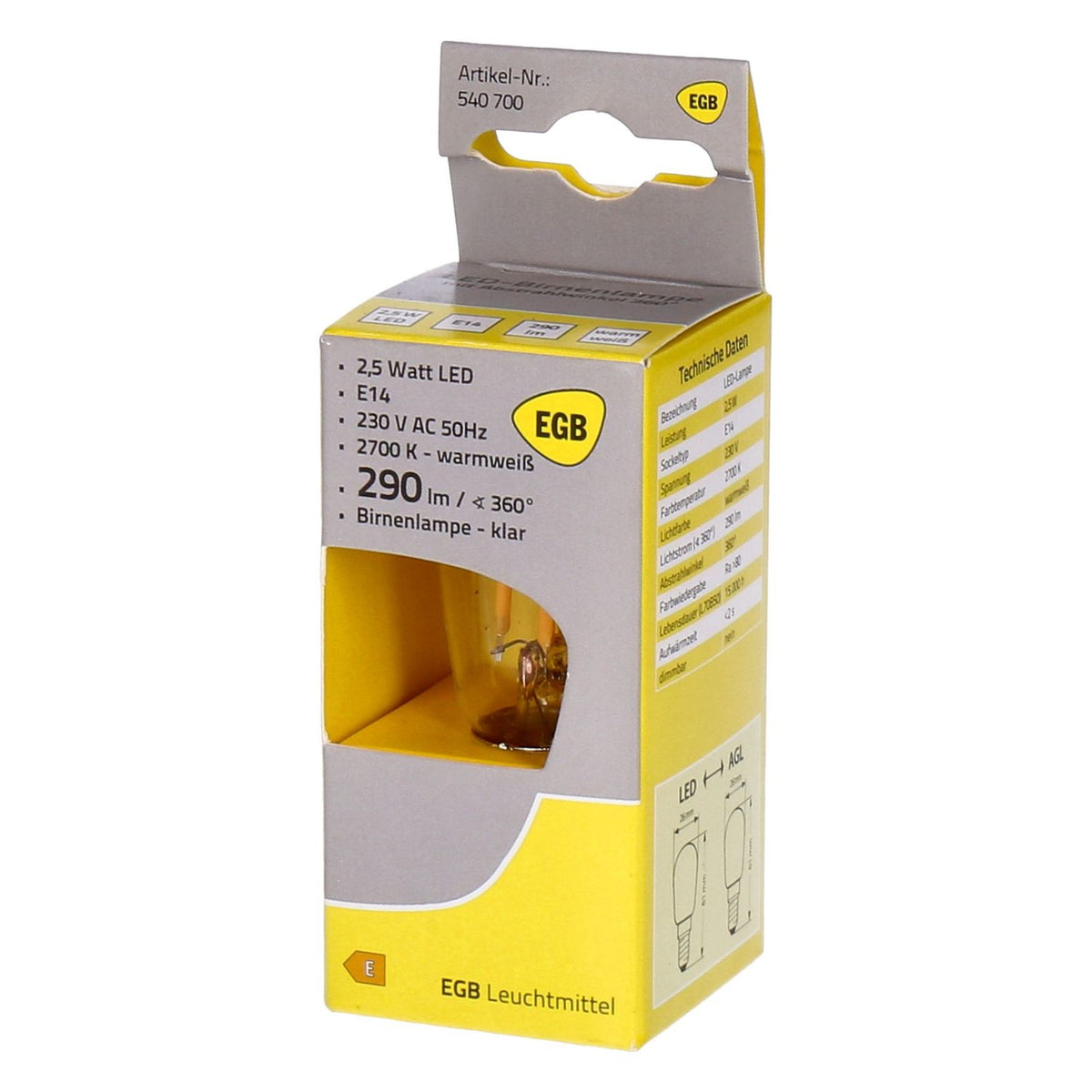 Produktbild LED-Leuchtmittel - EGB LED Birnenlampe E14 2,5W warmweiß 290lm mit Abstrahlwinkel 360°