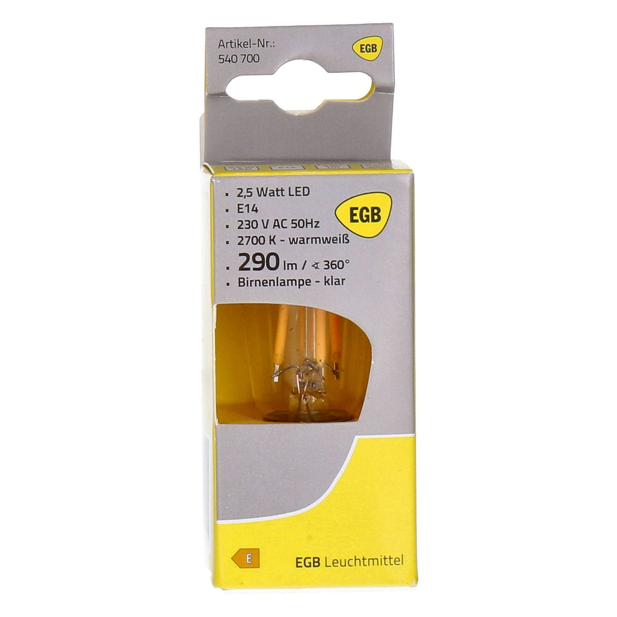 Produktbild LED-Leuchtmittel - EGB LED Birnenlampe E14 2,5W warmweiß 290lm mit Abstrahlwinkel 360°