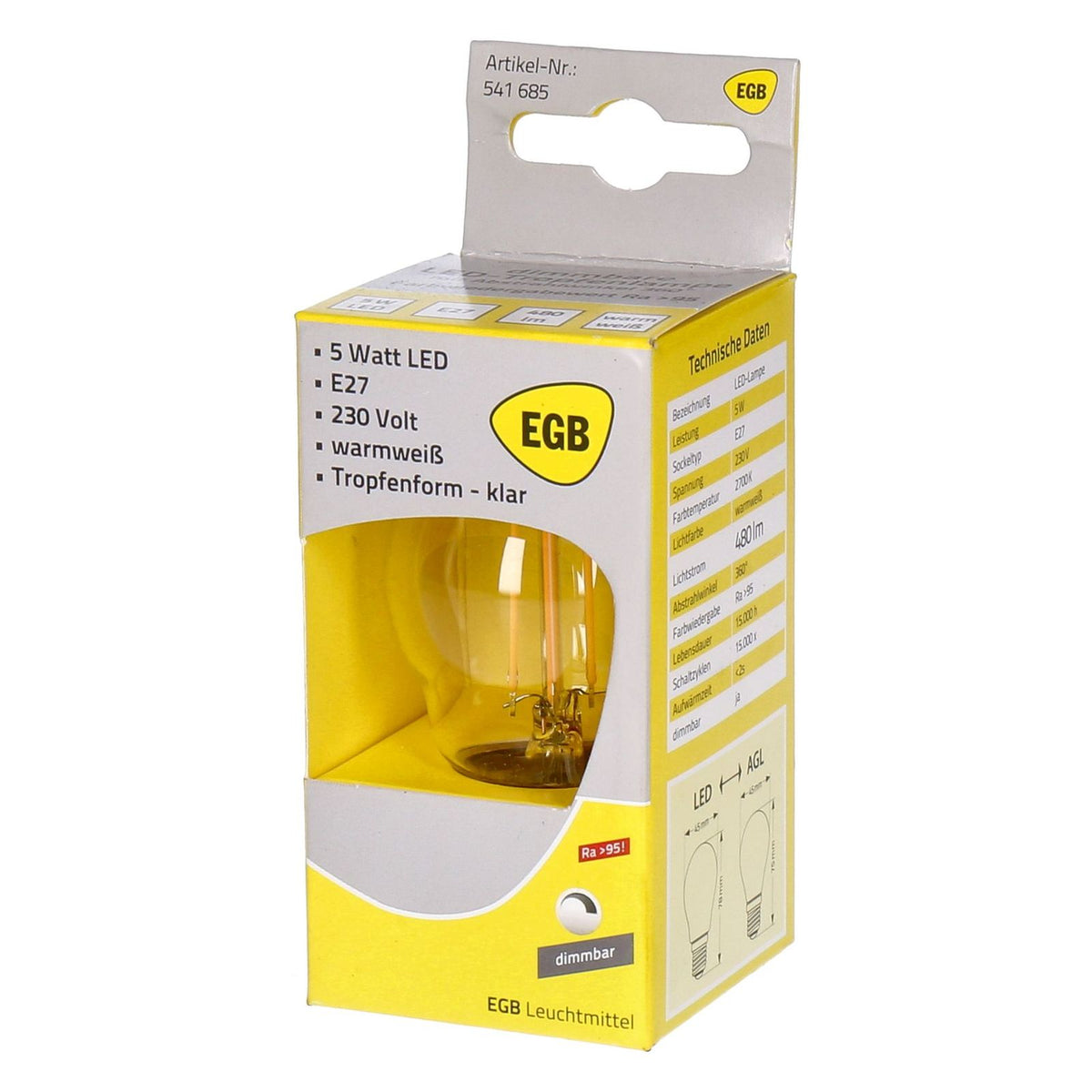 Produktbild LED-Leuchtmittel - EGB LED Tropfenlampe E27 5W dimmbar warmweiß 480lm