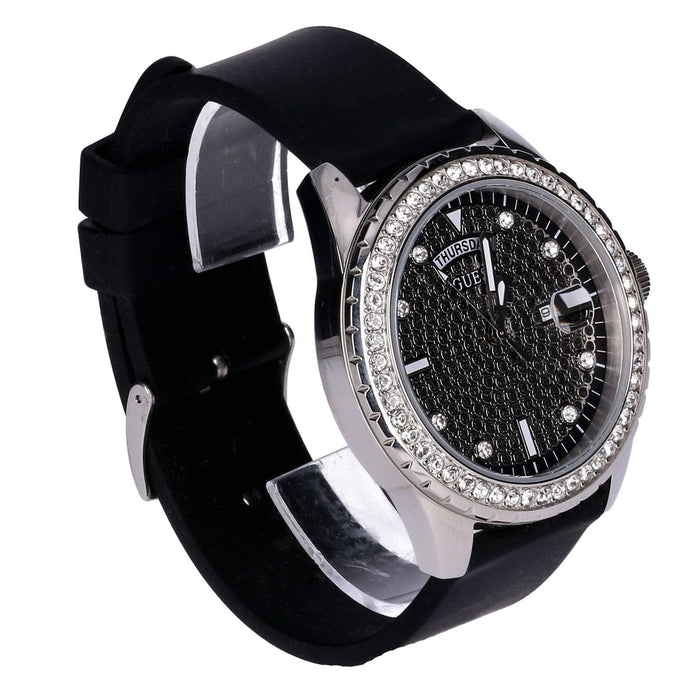 Guess Silver Round Dial Quartz Analog Men Silikon Armband