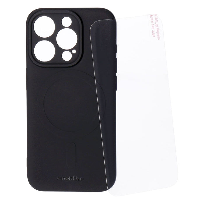 Mobilize Protection Pack iPhone 15 Pro Silikon Case schwarz und Displayschutz