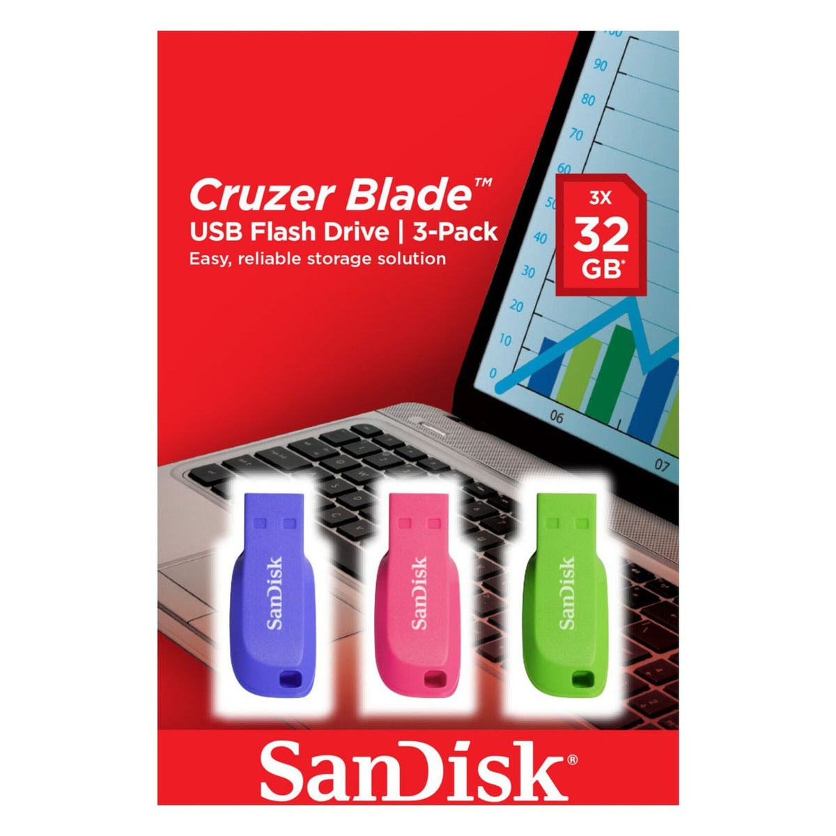 Produktbild USB-Stick - SanDisk Cruzer Blade 3x 32GB USB-Stick USB Typ-A 2.0 Blau, Grün, Pink