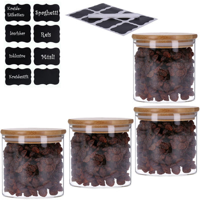 4er Set Vorratsglas mit Bambusdeckel und 8 Kreidetafel- Sticker (4 x 500ml)