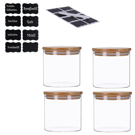 Produktbild Vorratsglas - TP 4er Set Vorratsglas mit Bambusdeckel und 8 Kreidetafel- Sticker (4 x 500ml)