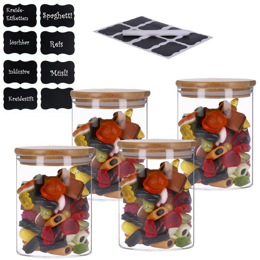 Produktbild Vorratsglas - TP 4er Set Vorratsglas mit Bambusdeckel und 8 Kreidetafel- Sticker (4 x 700ml)