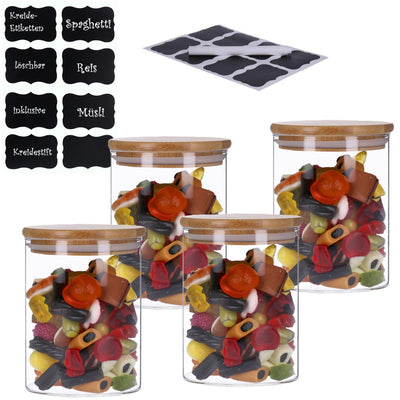 4er Set Vorratsglas mit Bambusdeckel und 8 Kreidetafel- Sticker (4 x 700ml)