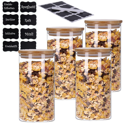 4er Set Vorratsglas mit Bambusdeckel und 8 Kreidetafel- Sticker (4 x 1200ml)
