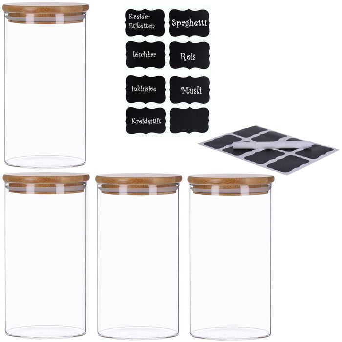 TP 4er Set Vorratsglas mit Bambusdeckel und 8 Kreidetafel- Sticker (4 x 1200ml)