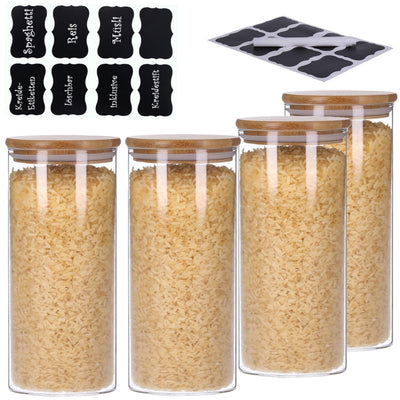 Vorratsgläser 4er Set mit Bambus Deckel, luftdichte Behälter inkl. Etiketten, 4 x 1500 ml
