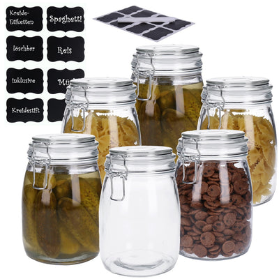 6er Set Vorratsglas mit Bügelverschluss inkl. 8 Kreidetafelsticker & Stift runde Form (6 x1000 ml)