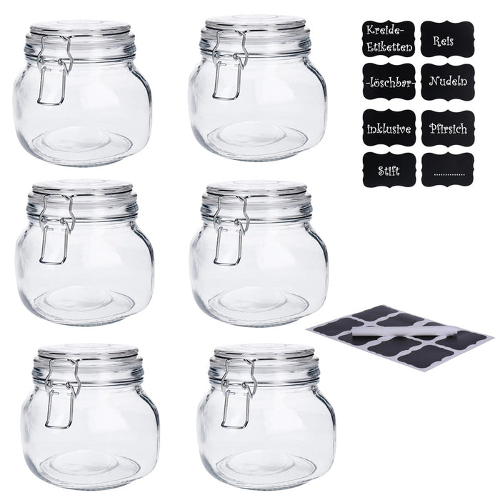 TP 6er Set Vorratsdose aus Glas mit Bügelverschlus inkl. 8 Kreidetafelsticker & Stift (6 x500 ml)