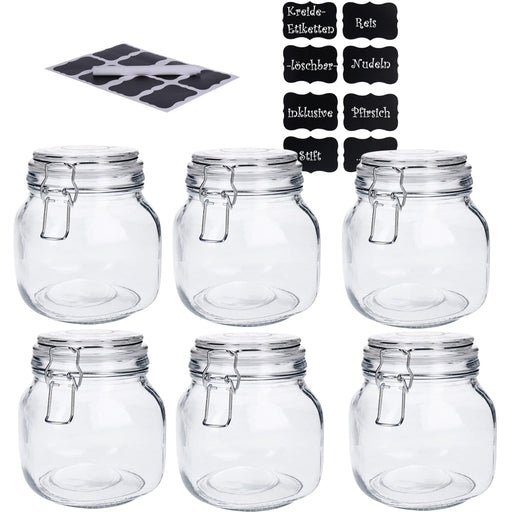 Produktbild Vorratsglas - TP 6er Set Vorratsdose aus Glas mit Bügelverschlus inkl. 8 Kreidetafelsticker & Stift (6 x 650 ml)