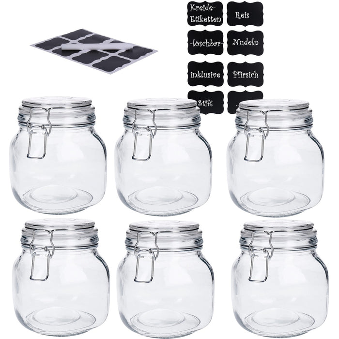 TP 6er Set Vorratsdose aus Glas mit Bügelverschlus inkl. 8 Kreidetafelsticker & Stift (6 x 650 ml)