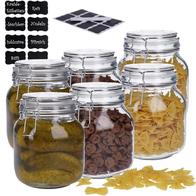 6er Set Vorratsglas mit Bügelverschluss inkl. 8 Kreidetafelsticker & Stift eckige Form (6 x1000ml)