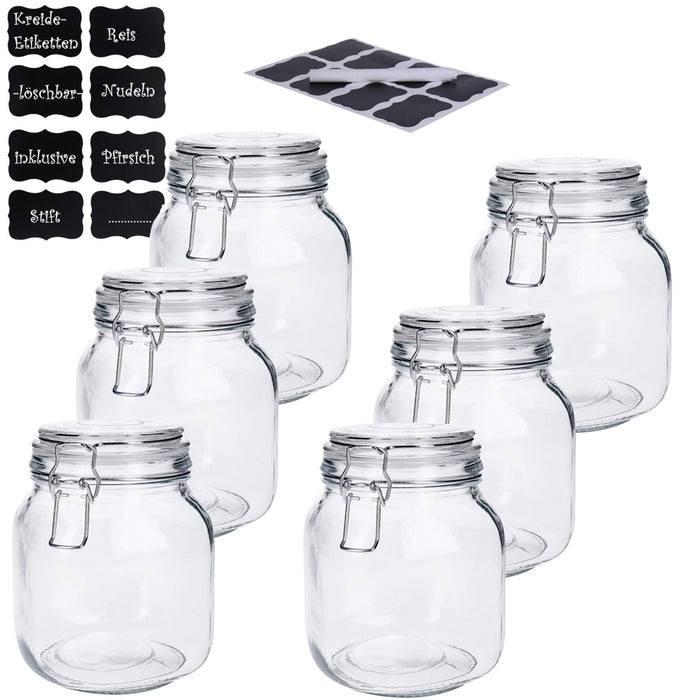 TP 6er Set Vorratsglas mit Bügelverschluss inkl. 8 Kreidetafelsticker & Stift eckige Form (6 x1000ml)