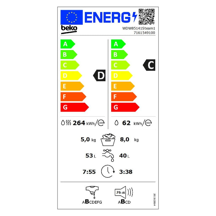 Beko Waschtrockner m.XL-Tür BT,1400Upm,Dampff. WDW85141Steam1