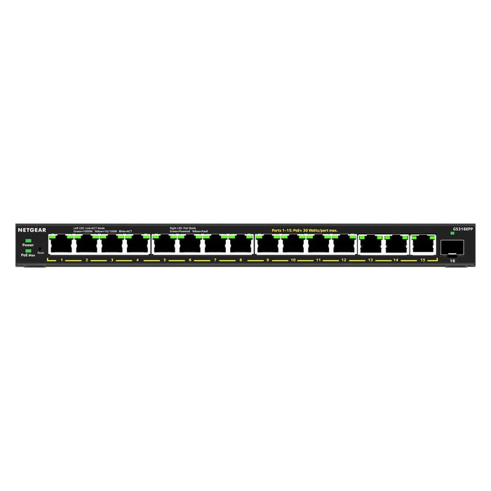 NETGEAR 16-Port High-Power PoE+ Gigabit Ethernet Plus Switch (231W) with 1 SFP port (GS316EPP)