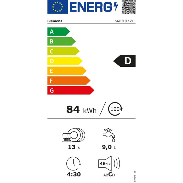 Siemens iQ300 SN63HX12TE Einbaugeschirrspüler bestCollection, Voll integriert 13 Maßgedecke D