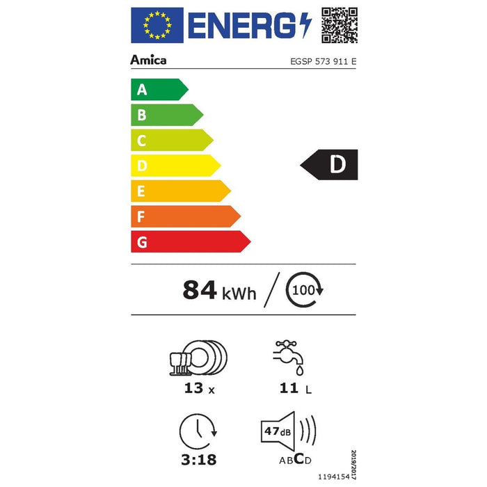 Amica EGSP 573 911 Einaugeschirrspüler teilintegrierbar 13 Maßgedeck E