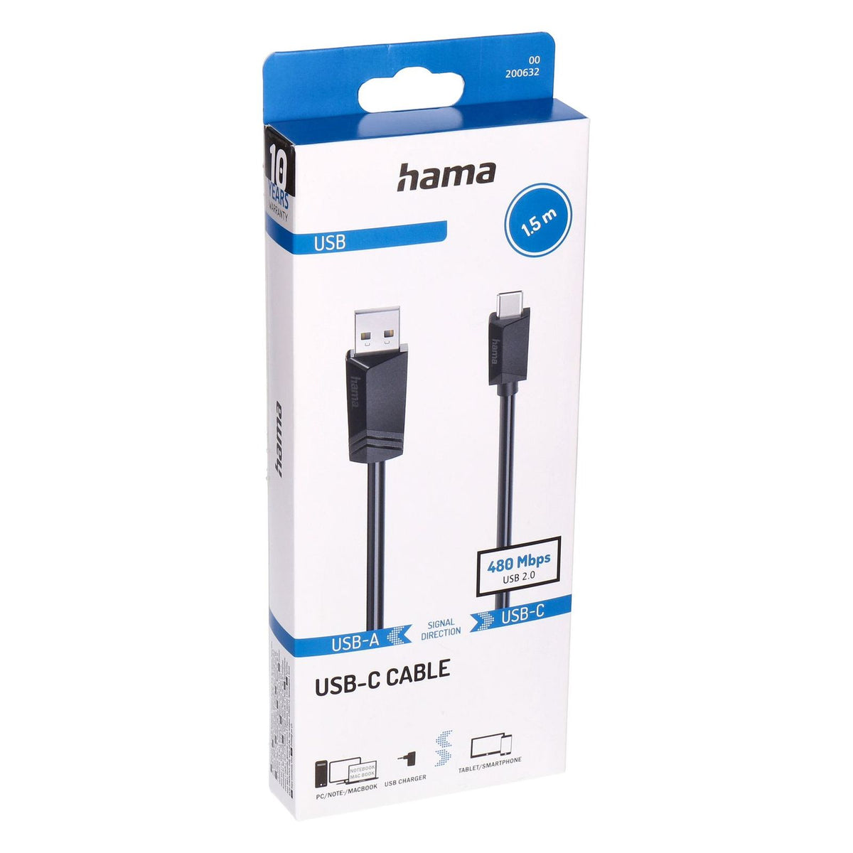 Produktbild USB-Kabel - Hama 00200632 USB Kabel USB 2.0 1,5 m USB C USB A 0,48 Gbit/s Schwarz