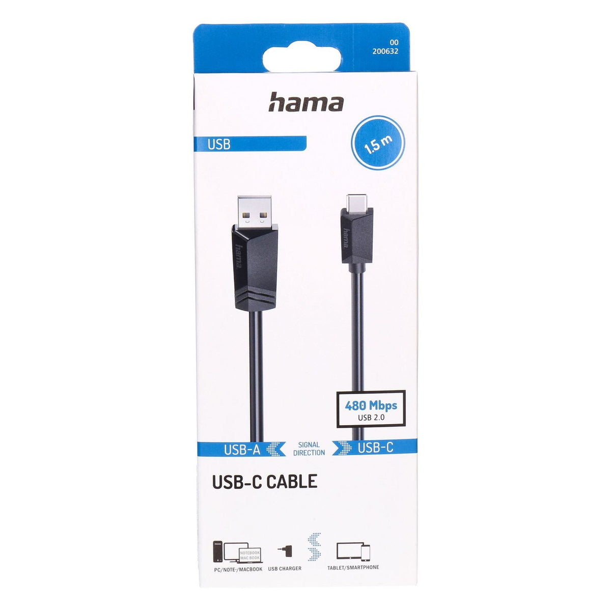 Produktbild USB-Kabel - Hama 00200632 USB Kabel USB 2.0 1,5 m USB C USB A 0,48 Gbit/s Schwarz