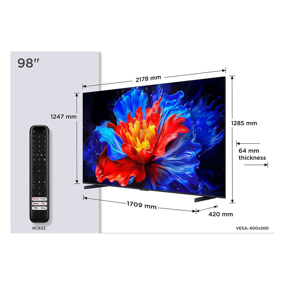 Produktbild QLED-Fernseher - TCL P89K 98P89K Fernseher 2,49 m (98") 4K Ultra HD Smart-TV WLAN Metallisch 450 cd/m²