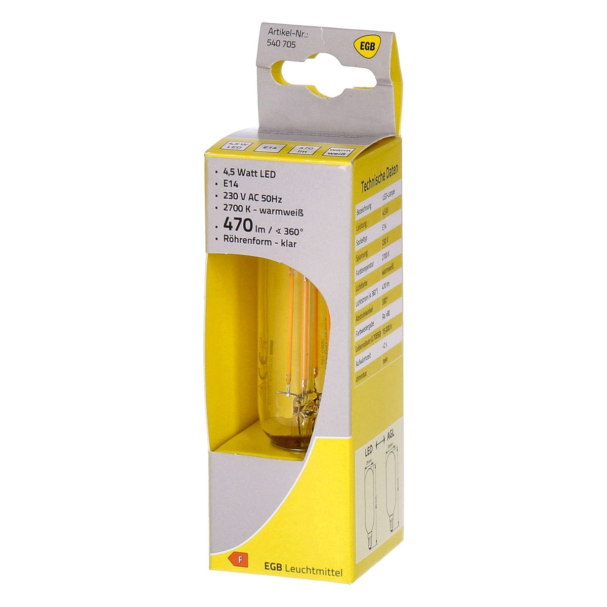 Produktbild LED-Leuchtmittel - EGB Röhrenlampe 4,5W E14 klar
