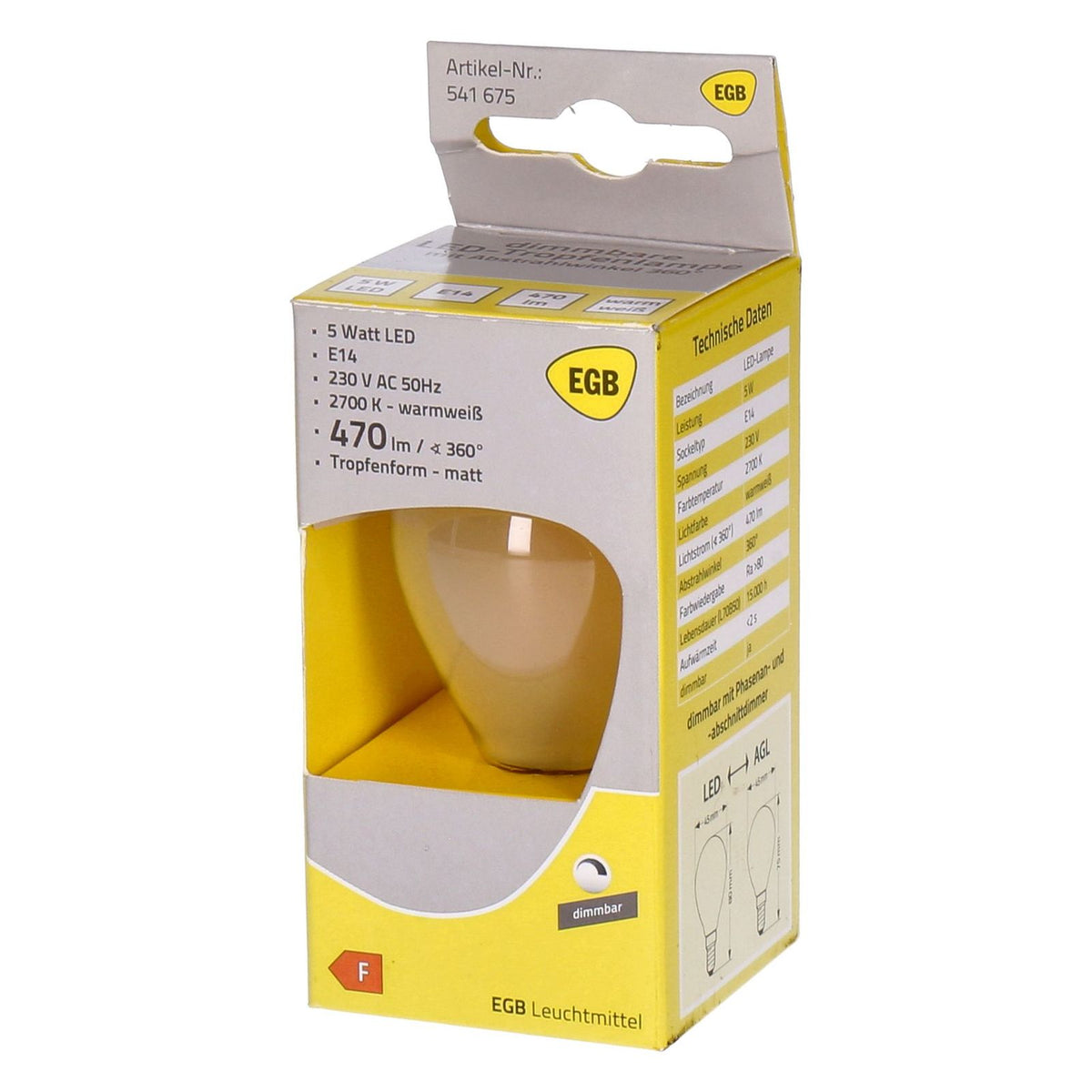 Produktbild LED-Leuchtmittel - EGB Tropfen 5W matt E14 470lm
