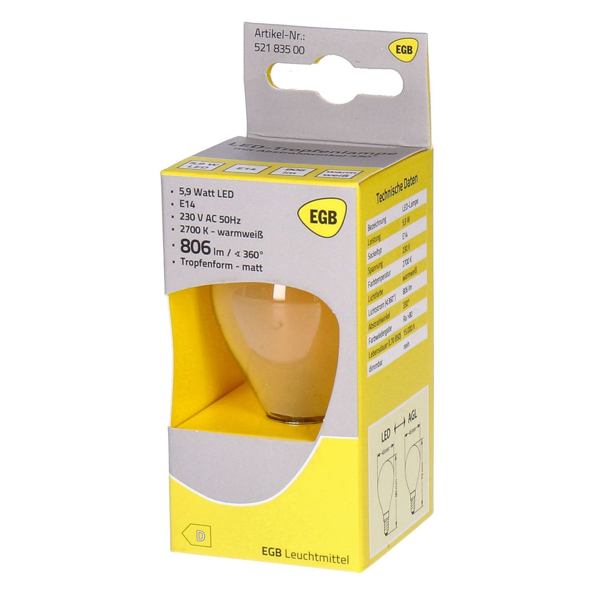Produktbild LED-Leuchtmittel - Tropfenl. 5,9W 806lm 2700K E14