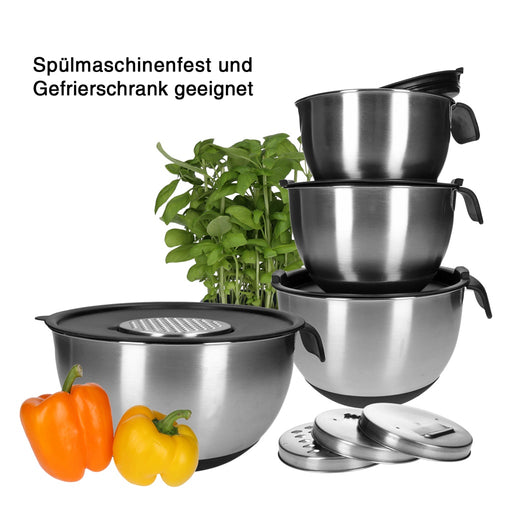 Produktbild Rührschüssel - TP Edelstahl Schüssel-Set mit Griff, inkl. Deckel, Skala und 4 Einsätzen zum Gemüsereiben 13-teilig